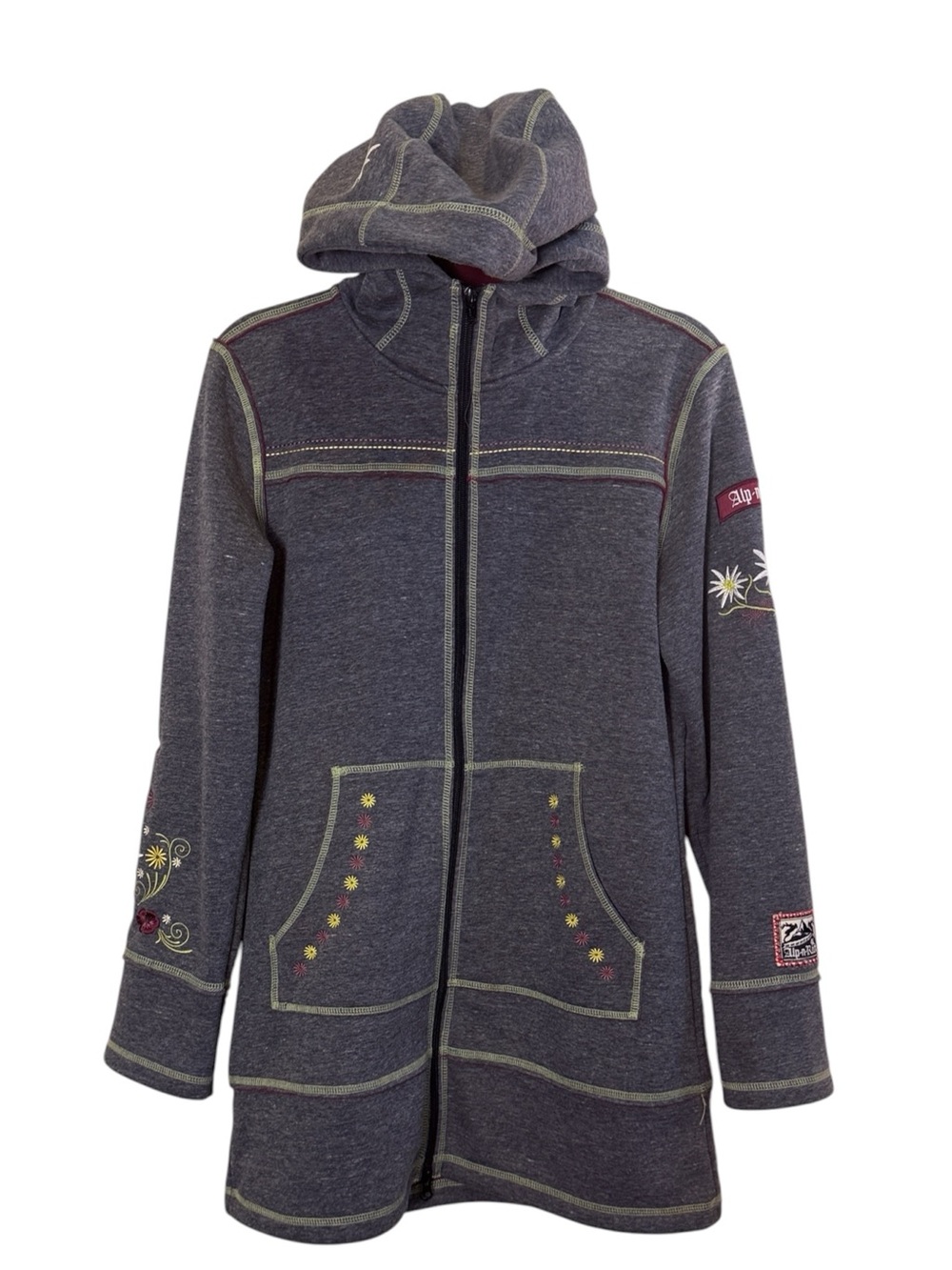 Alp N Rock Charcoal Gray Hooded Longline Zip Jacket with Embroidered Accents